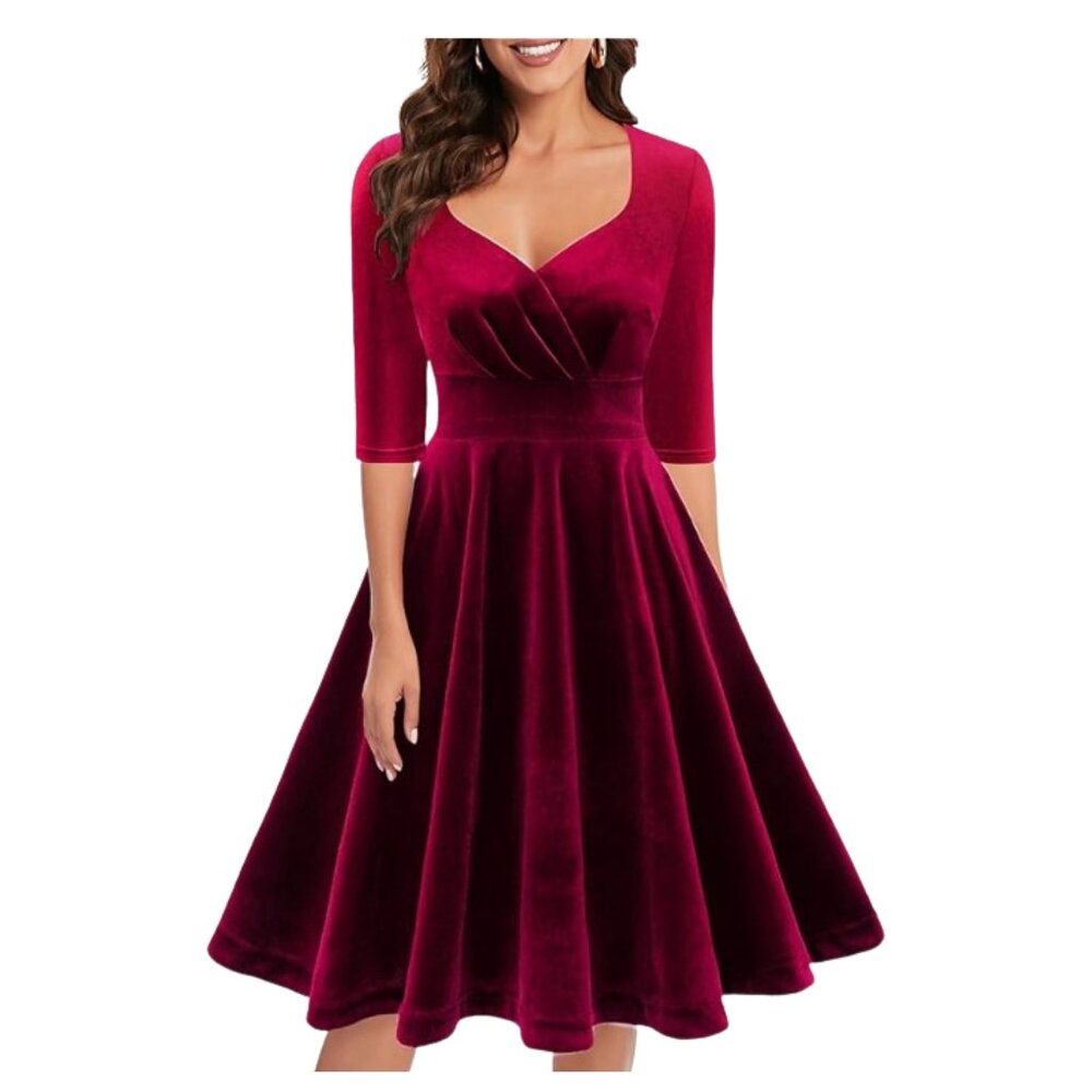 Bbonlinedress Red Velvet 1950s Retro Midi Swing Dress Romantic | Size L Like New